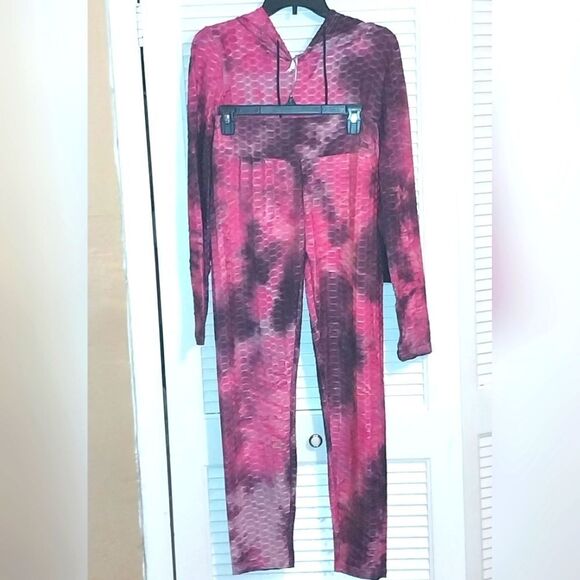 Women's Honeycomb Bubble Texture Tie Dye Butt Lift Activewear Sweatsuit Hooded L - Picture 7 of 10